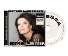 Text: "ALLESSA SPIELERIN" und "DAS NEUE ALBUM". Eine Frau mit dunklen Haaren schaut freundlich. CD und Hülle zu sehen.