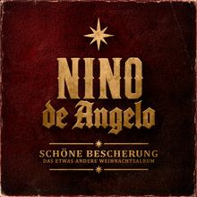 Text: "NINO de Angelo. SCHÖNE BESCHERUNG. DAS ETWAS ANDERE WEIHNACHTSALBUM." Goldene Schrift auf rotem Lederhintergrund.
