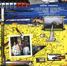 "Gone Troppo" und Songtitel sind oben. Bunte, abstrakte Illustration mit Foto von drei Menschen in der Mitte.