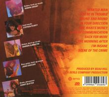 Die rechte Seite listet Songtitel wie "WANTED MAN" und "BACK FOR MORE". Links sind Bandmitglieder mit Instrumenten abgebildet.