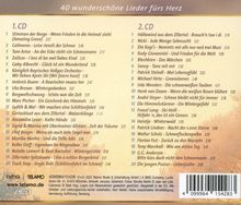 "40 wunderschöne Lieder fürs Herz" - Liste von Liedern auf zwei CDs mit Interpreten und Titeln in zwei Spalten.