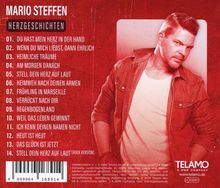 Albumtitel "HERZGESCHICHTEN" von Mario Steffen. Songliste mit 14 Titeln. Porträt eines Mannes rechts.