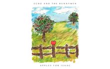"Echo and the Bunnymen", "Apples for Isaac"; Illustration: Landschaft mit Apfelbaum und rotem Apfel auf einem Zaun.