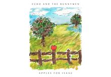 "Echo and The Bunnymen", "Apples for Isaac". Illustration: Landschaft mit Bäumen, Zaun und rotem Apfel.