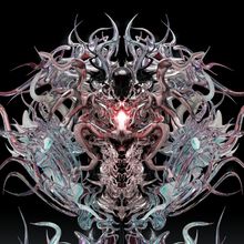 Keine Texte vorhanden. Digitale Illustration mit symmetrischen, organisch wirkenden Formen in metallischen Tönen.