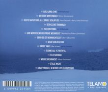 Titel von 14 Liedern mit Weihnachtsbezug, abgedruckt auf einem blauen Hintergrund mit Schneelandschaft. Rechts unten ein Logo.