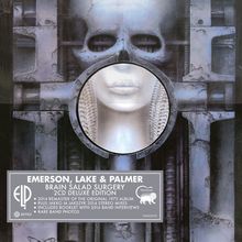 Text: "Emerson, Lake & Palmer, Brain Salad Surgery, 2CD Deluxe Edition." Surrealistisches Gemälde mit Maschine und Gesicht.