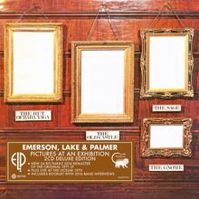 "THE HUT OF BABA YAGA", "THE OLD CASTLE", "THE SAGE", "THE GNOME". Goldene Bilderrahmen an Holzwand, Albumwerbung.