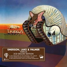 Titel: "EMERSON, LAKE & PALMER - TARKUS 2CD DELUXE EDITION". Illustration eines Panzertieres mit Kettenrädern.