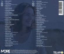 Links und rechts Titel-Listen für CDs 1 und 2 mit Künstlernamen. Im Hintergrund lächelt eine Frau. Unten Logos "MORE" und "TELAMO".
