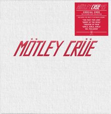 Text oben: "CRÜE 45", zentrale rote Schrift: "MÖTLEY CRÜE". Weiße Leinwand, minimalistisches Design.