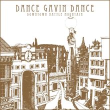 "Dance Gavin Dance, Downtown Battle Mountain" oben, detailreiche Stadtszene in sepia, surreale Details mit Heißluftballon.