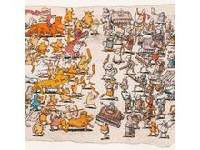 Illustration: Eine wimmelartige Szene mit Tieren und Robotern in bunten Farben, die verschiedene Gegenstände tragen.