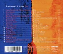 Trackliste von Schönherz & Fleer mit Titeln und Laufzeiten, rote und blaue abstrakte Hintergründe.