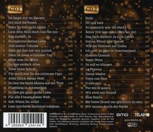 Tracklist von zwei CDs mit Titeln wie "Du liegst mir im Herzen" und "Baila" auf einem goldenen Hintergrund.