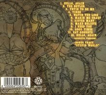 Titel einer Trackliste in heller Schrift: "1. HELLO, AGAIN, 2. THE BUTLER, 3. TRYIN TO BE ME" und weitere bis "BONUS TRACK 'STUPID WORLD'". Hintergrund: komplexe Zeichnung einer Person mit Ketten und Blumen.
