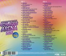 „Schlager Arena 2026“, Sommer Edition. Zwei CDs mit jeweils 20 Songtiteln. Hintergrund in Regenbogenfarben.