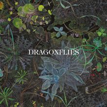 „DRAGONFLIES“ steht in der Mitte, umgeben von einem komplexen, dunkler Hintergrund mit detaillierten Pflanzenillustrationen.