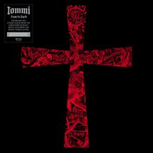 Text links: "Iommi From the Dark... Limited Edition Smoke Red & Black Marble Vinyl". Rotes Kreuz mit düsteren Illustrationen.