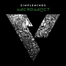 Text: "Simpleminds" oben, "Sacrosanct" in Grün unten. Metallisch-geschliffenes V, schwarzer Hintergrund.