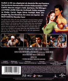 Texte beschreiben die Blu-ray-Veröffentlichung eines Abenteuerfilms mit Tony Curtis und Piper Laurie. Oben sind die Darsteller abgebildet. Darunter Filmszenen: links mehrere Personen im Gespräch; rechts Mann mit Kopfschmuck, daneben Frau mit Spiegel. Unten technische Details und Logos.