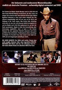 "Der bekannte und starbesetzte Westernklassiker endlich als deutsche Premiere - aufwendig digital restauriert auf DVD!" Ein Cowboy in kariertem Hemd mit Hut und Pistole. Drei Filmszenen: Schießerei, Reiterszene, Gespräch in Bar.