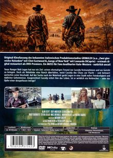 DVD-Rückseite mit Infos zu einem Italo-Western, darunter Schauspielernamen. Oben ein Western-Illustration mit zwei Cowboys.