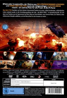 Text: 

1. "Effektvoller Invasionsfilm, der Motive aus DIE KÖRPERFRESSER KOMMEN..."
2. "Das Jahr 2150: Nachdem auf dem kleinen Saturnmond Pandora ein neues..."
3. "Laufzeit 82 Minuten"
4. "Sprachen/Tonformate: Deutsch Dolby Digital 5.1, Englisch Dolby Digital 5.1"

Bildbeschreibung:

Ein apokalyptisches Szenario mit Explosionen, Raumschiffen und Figuren in Szenen aus einem Sci-Fi-Film.