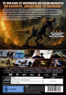 Text oben: "Die Dino-Mania ist ungebrochen! Der Asylum-Mockbuster zum Blockbuster 'Jurassic World - Die Wiedergeburt'." 

Eine Illustration zeigt einen gefährlich aussehenden Dinosaurier vor einer brennenden Stadt. Unten Bilder aus einem Film.