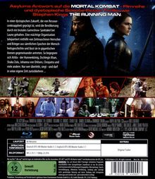 "Asylums Antwort auf die MORTAL KOMBAT - Filmreihe und dystopische Science-Fiction Thriller wie Stephen Kings THE RUNNING MAN."  
Zwei Krieger mit Schwertern, diverse Filmszenen in kleinen Bildern darunter.