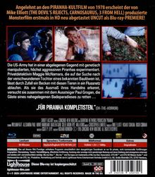 Aufschrift oben: „Angelehnt an den PIRANHA-KULTFILM von 1978...“ Unten: „...für Piranha Komplettisten.“ Drei Film-Szenen.