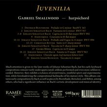 "Juvenilia" oben, darunter eine Liste von Musikstücken. Künstler: Gabriel Smallwood, Cembalo. Spielzeit: 73:39.