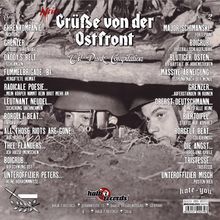 "Grüße von der Ostfront - Oi!-Punk-Compilation" mit Soldaten in Deckung, umgeben von Listenpunkten und Bandnamen.