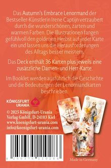 Text über "Autumn’s Embrace Lenormand", Kartenanzahl und Booklet, darunter drei illustrierte Lenormand-Karten.