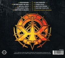 Trackliste: "Pentagram", "We Are What We Are", "Live Forever". Rotes und gelbes, metallisches Logo auf schwarzem Hintergrund.