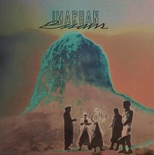 "Omarhan" steht oben. Silhouetten von fünf Personen vor einem großen, farbigen Berg.