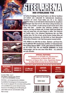 "STEEL ARENA – DER STÄHLERNE TOD" mit Autos in Flammen, Film- und Audio-Kommentaren. Enthält Bildszenen von Stunts und Action.