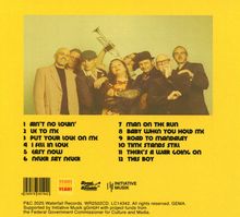 Zwölf Songtitel sind auf einem gelben Hintergrund aufgelistet. Eine Gruppe von Menschen posiert entspannt.