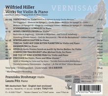 CD-Rückseite mit Musikwerken von Wilfried Hiller, aufgeführt von Franziska Strohmayer (Violine) und Laura Pitz (Klavier).