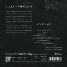 Links oben steht Clara Haberkamp. Daneben sind Titel und Informationen über das Album "LOVE MAPS", ein Solo-Klavieralbum.