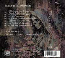 „Sinfonía de la Santa Muerte“, 9 Musikstücke mit Künstlernamen. Rechts ein detailreiches Skelett in Kapuze und Blumen.