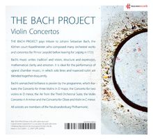 THE BACH PROJECT: Violin Concertos. Logo oben rechts, Text über Bach und Programm, Kreis auf bunter Oberfläche.