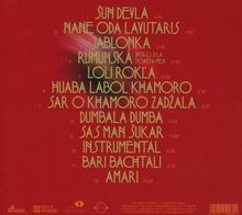 Rote Fläche mit goldener Schrift. Liste von 13 Titeln, z. B. "Šun Devla", "Nane Oda Lavutaris", "Jablonka".