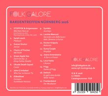 Folk Galore. Bardentreffen Nürnberg 2026. Liste mit Künstlern und Liedern, inklusive Kontaktdetails. Roter Hintergrund.