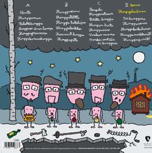 Eine Illustration von sechs skurrilen Figuren mit Hüten, die vor einem Hügel stehen. Ein Haus brennt im Hintergrund.