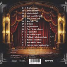 Titelliste: 01 Brücken baun, 02 Theaterdonner, 03 Wer ist das Volk, 04 Gute Macht, Freunde, 05 Alles, was du hast, usw. Bühne mit rotem Samtvorhang und goldenen Verzierungen.