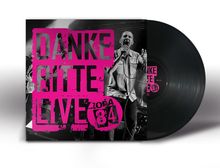"DANKE BITTE LIVE" und "ZONA 84" in pink auf einem Schwarzweißbild eines Sängers mit Mikrofon. Vinylplatte rechts.