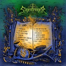 „Sagenbringer“ steht oben in künstlerischer Schrift. Unten eine offene, beleuchtete Buchseite mit zehn Titeln.