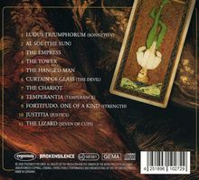 Liste von elf Titeln, darunter "LUDUS TRIUMPHORUM" und "THE LIZARD". Daneben eine Tarotkarte mit dem Gehängten.