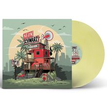 "NEON SCHWARZ FOREVER", "BEST OF 2012-2026". Illustration eines roten Hauses mit Lautsprechern und Palmen.